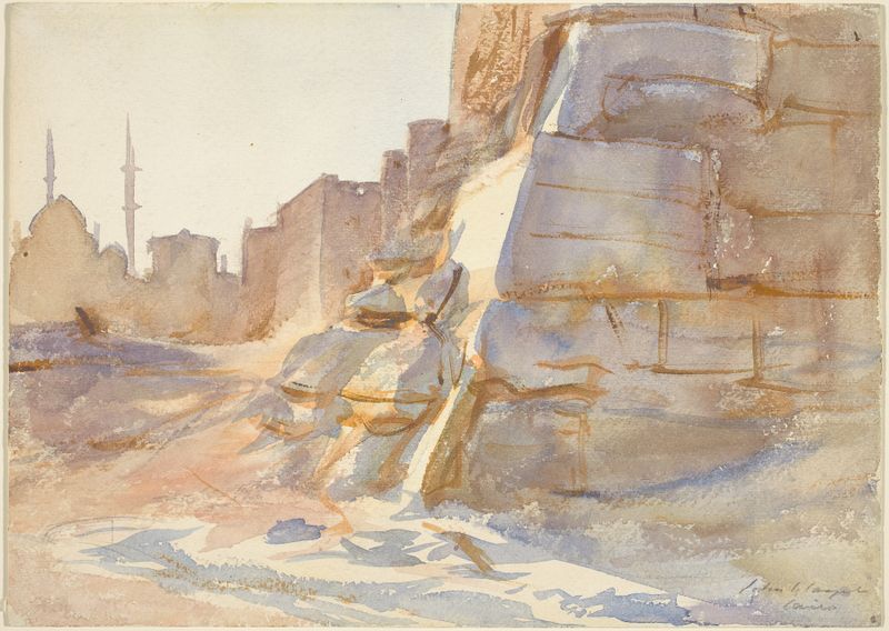 Cairo de John Singer Sargent, pintura a óleo que retrata um pôr do sol sobre arquitetura e areias douradas.