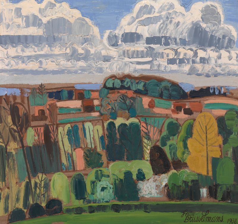 Pajottenland by Jean Brusselmans, oil on canvas depicting rolling hills and muted tones.
