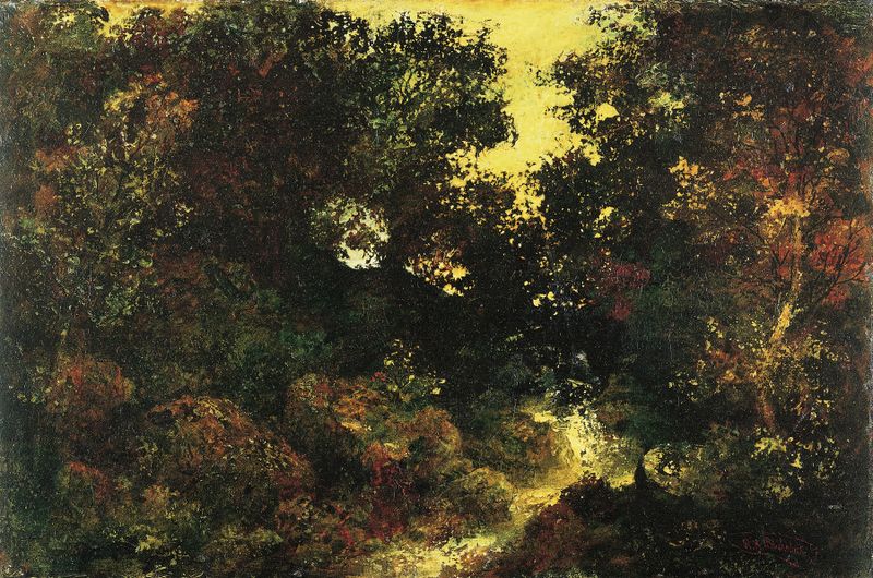 Woodland Brook de Ralph Albert Blakelock, óleo sobre lienzo, que representa un bosque tranquilo con un arroyo.