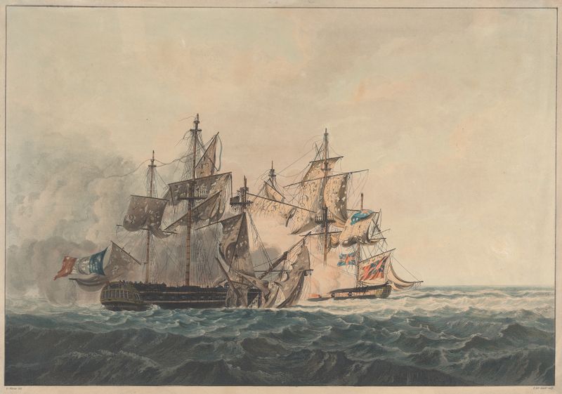 Maritime battle scene with ships and cannon smoke by William Daniell, oil painting