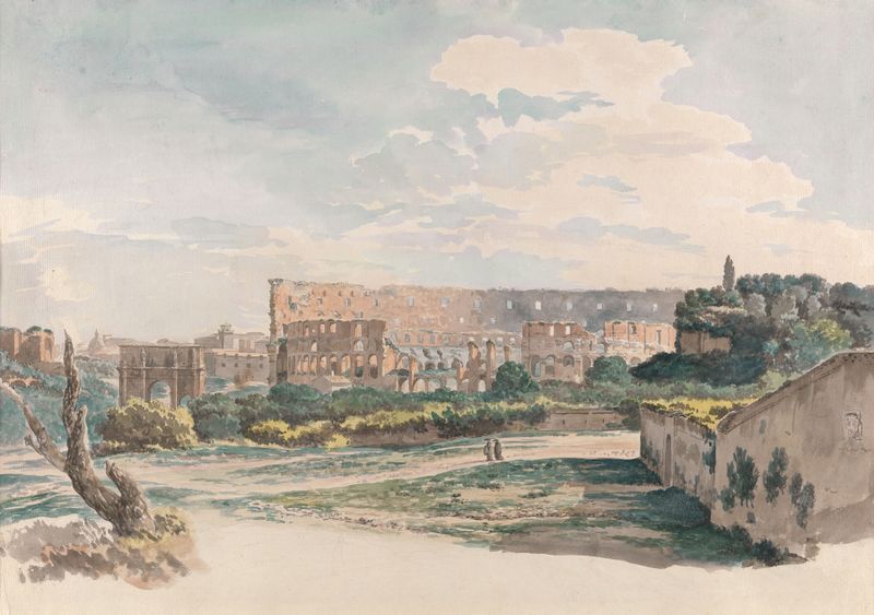 Engraving by Carlo Labruzzi depicting the Colosseum and Forum in Rome.