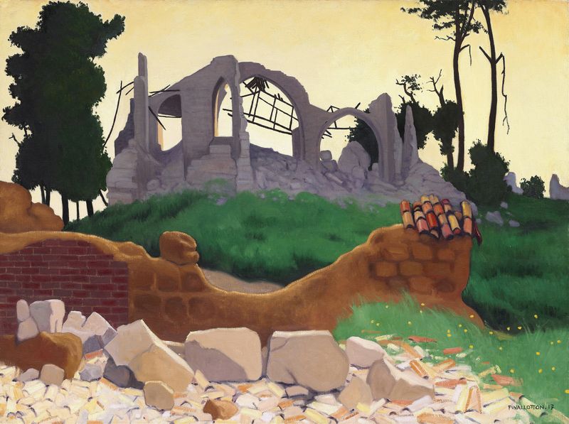 The Church of Souain by Félix Vallotton, oil painting depicting a church with geometric shapes under a muted sky.