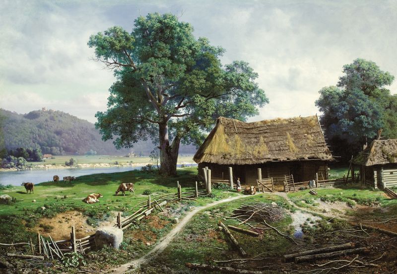 Riverside Farmstead by Mikhail Klodt, oil painting of a farmhouse by a river.
