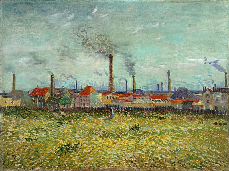 Factories at Clichy de Vincent van Gogh, óleo sobre tela, retratando chaminés industriais sob um céu tempestuoso.