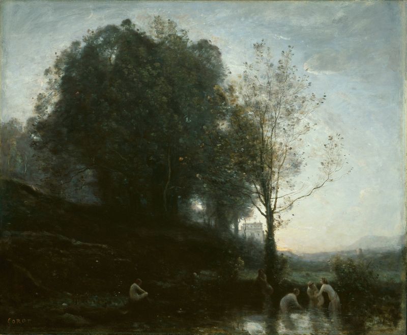 Baño de Ninfas y Niño de Jean-Baptiste-Camille Corot, pintura al óleo que representa ninfas y un niño junto al agua.