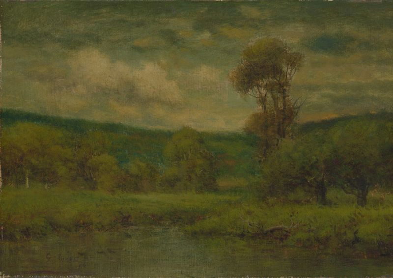 Paisaje de George Inness, óleo de un prado sereno con luz filtrándose entre los árboles.