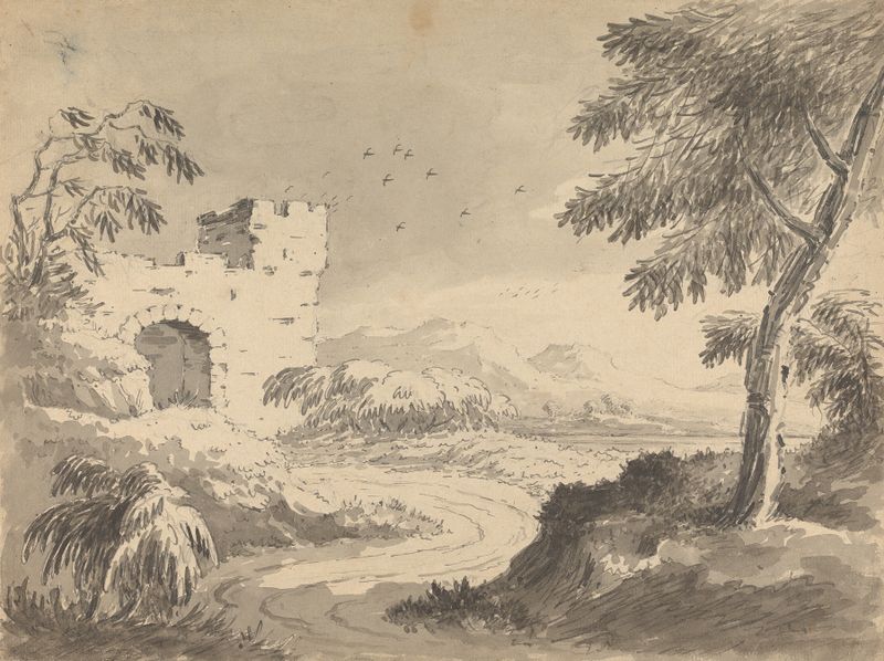 Landscape with Road Leading to Abbey de William Gilpin, pintura a óleo que retrata um caminho levando a uma abadia