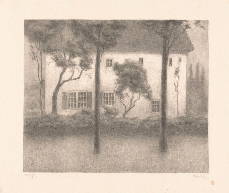 Cena interna de uma casa por Simon Moulijn, óleo sobre tela, com tons terrosos e uma atmosfera serena.