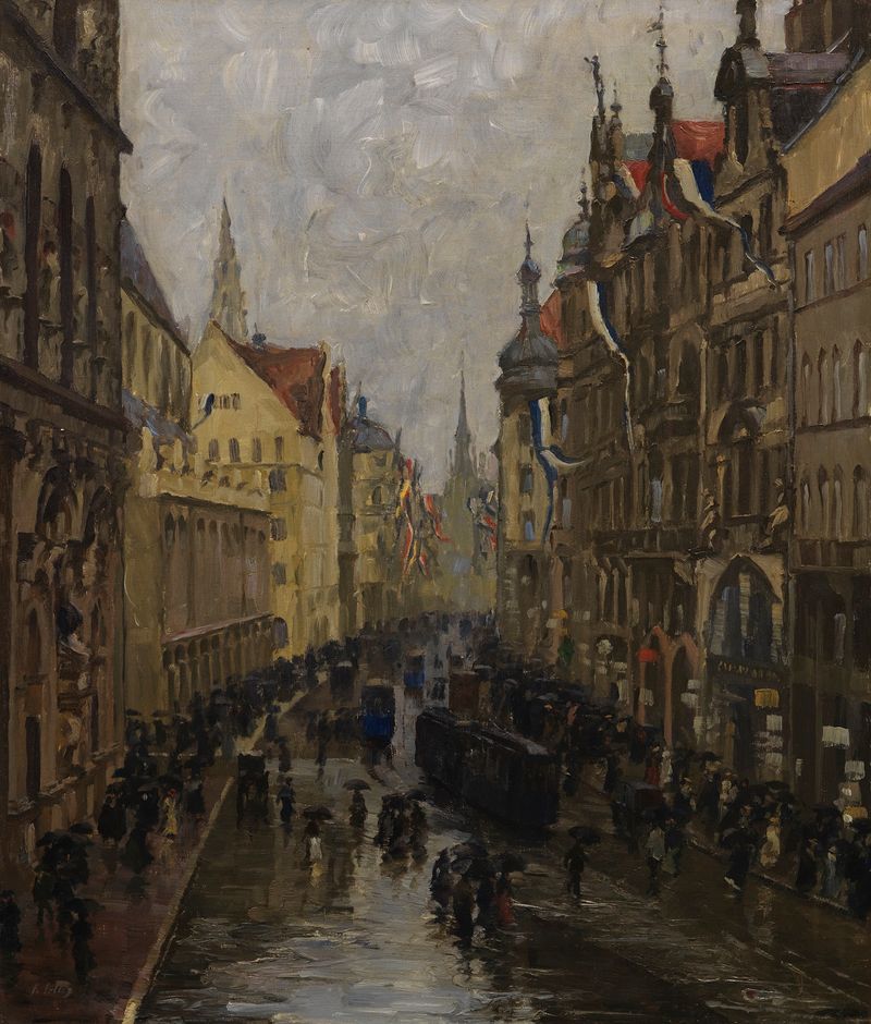 Kaufingerstraße in München by Charles Vetter, oil painting depicting a bustling street scene.