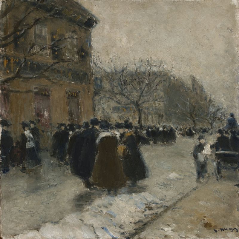 Genre scene by Peter Alexandrovitch Nilouss, oil painting featuring figures in muted tones.