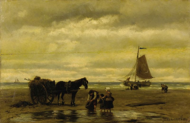 Seaweed Gatherers, oil on canvas by Johannes Hermanus Barend Koekkoek showing figures gathering seaweed on the shore.
