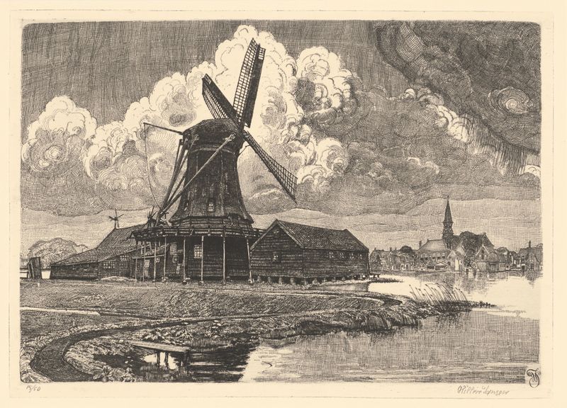 Landscape oil painting by Willem Jansen depicting a windmill and fields under a vast sky.
