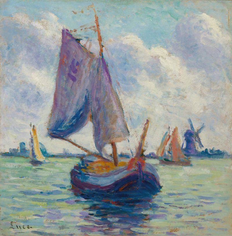 Bateaux hollandais de Maximilien Luce, óleo sobre tela representando barcos em um rio tranquilo