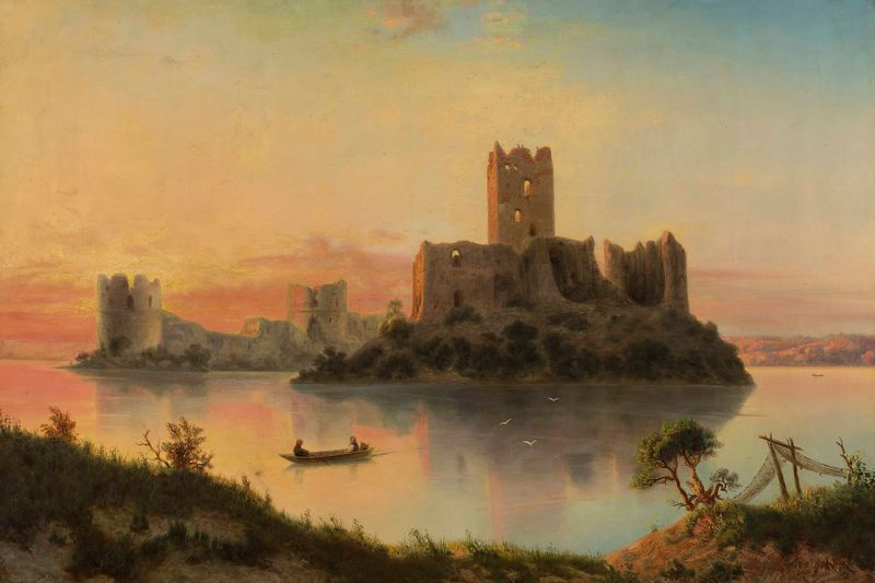 Ruins of Trakai Island Castle at sunset, oil painting by Józef Marszewski