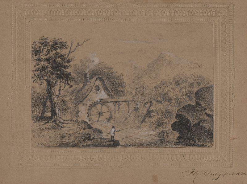 Escena de pesca con rueda de agua, óleo sobre lienzo de Felix Octavius Carr Darley
