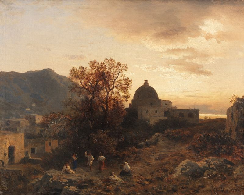 Abendstimmung an der italienischen Küste mit tanzenden Figuren, oil on canvas by Albert Flamm