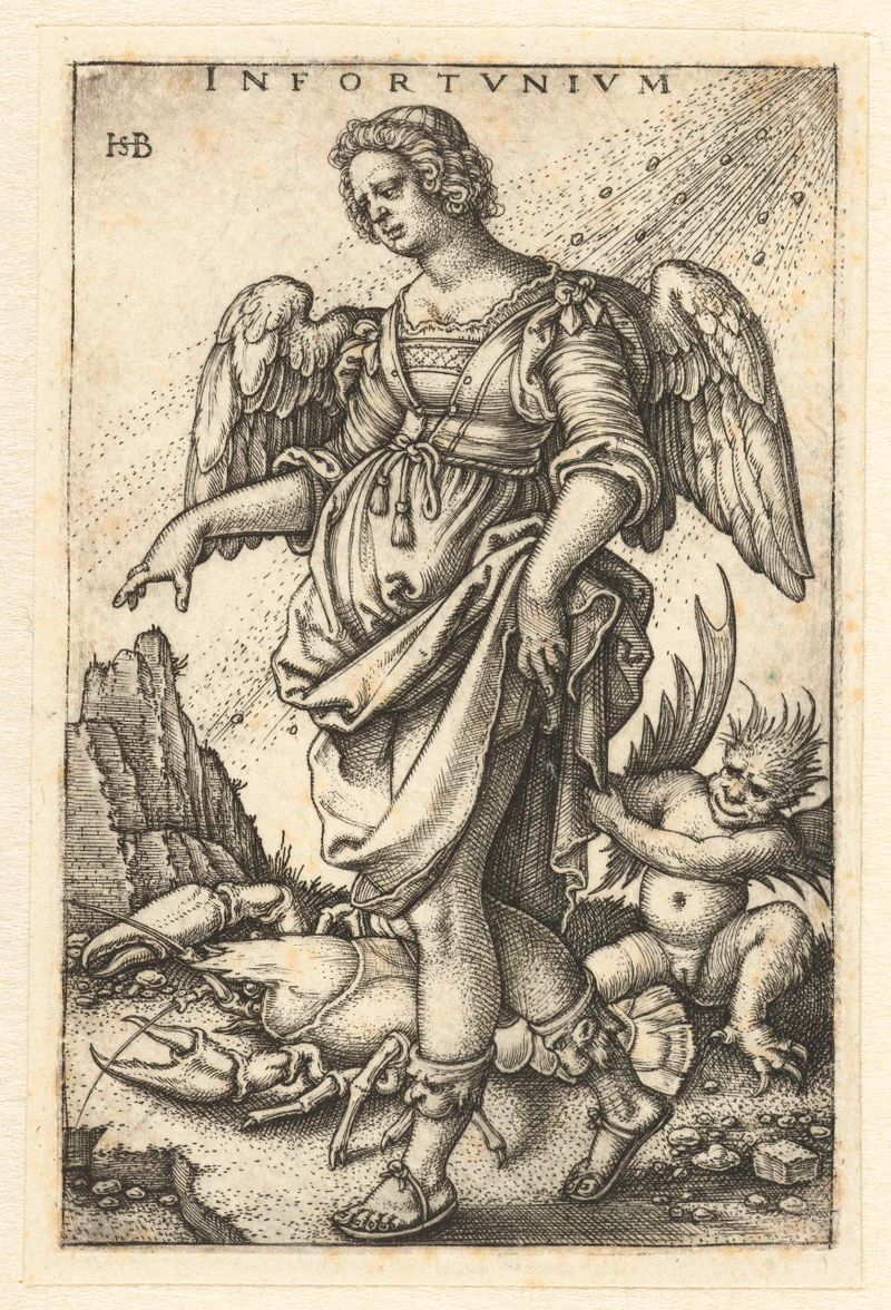 Gravura de natureza morta de Hans Sebald Beham com frutas e cerâmica quebrada.