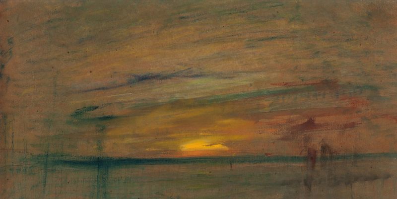 Sunset by William Gedney Bunce, oil on canvas depicting a vibrant sky and tranquil horizon.