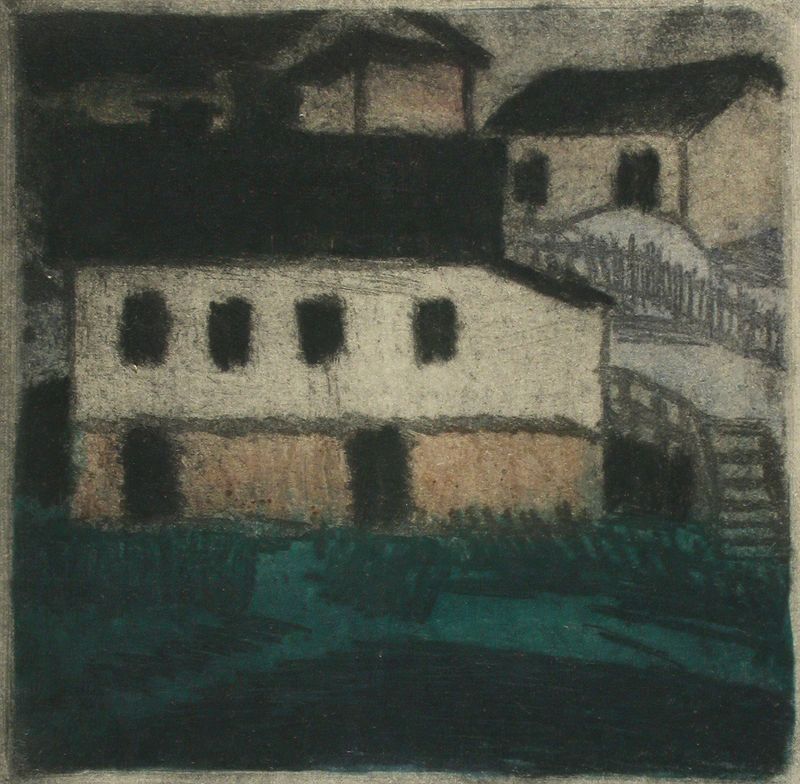 Houses on the beach by Alvar Cawén, expressionism, depicting a turbulent sky and crashing waves.