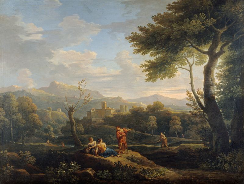 Landscape oil painting by Jan Frans Van Bloemen featuring rolling hills and a soft sky.