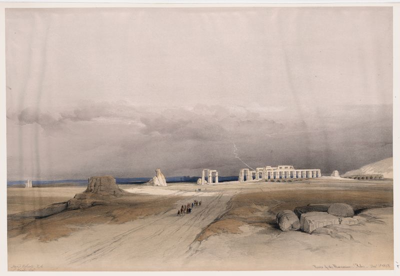 Ruínas do Memnonium, Tebas de David Roberts, aquarela sobre papel, com colunas antigas e um céu desbotado.