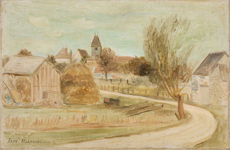 Oil painting by Tadeusz Makowski depicting a vibrant sky and village