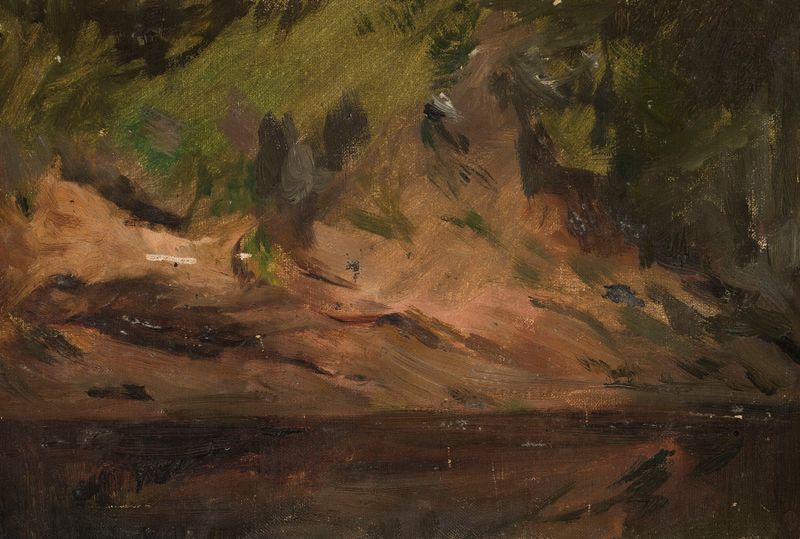 Sandy bank. Study from Podolia de Jan Ciągliński, realismo, retratando uma cena tranquila de margem de rio.