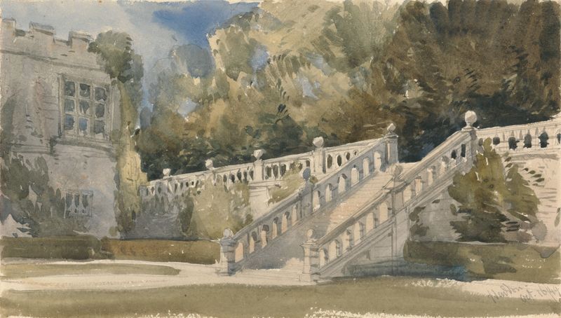 Garden Stair de William Callow, representando a un niño subiendo escalones de piedra en un jardín, pintura al óleo