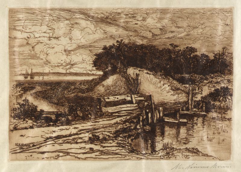 Gardiner’s Bay, L.I., Seen from Fresh Pond by Mary Nimmo Moran, oil painting depicting a tranquil landscape.