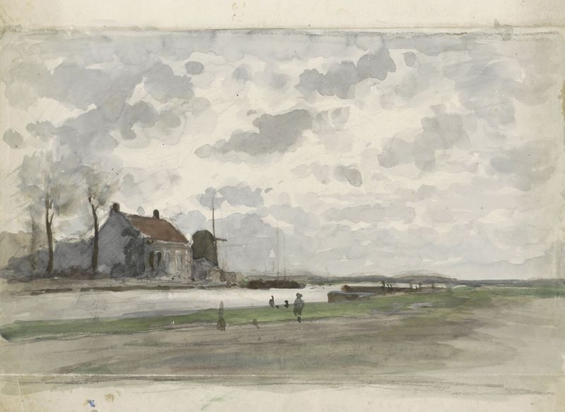 Vaart met een molen de Julius Jacobus van de Sande Bakhuyzen, óleo que muestra un barco cerca de un molino.