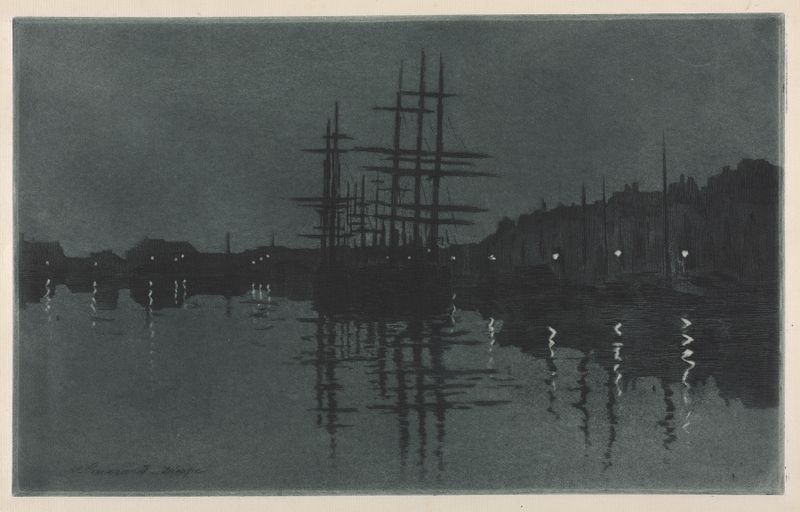 Effect of Moon at Dieppe by Henri-Charles Guérard, oil painting depicting a moonlit sea and clouds.