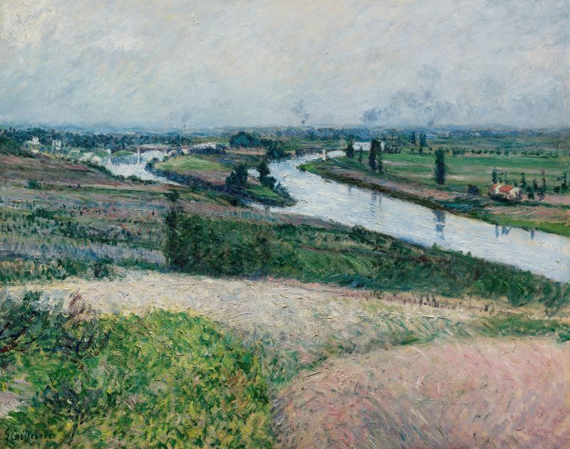 La Seine À La Pointe D’epinay de Gustave Caillebotte, pintura a óleo que retrata uma paisagem serena do rio.