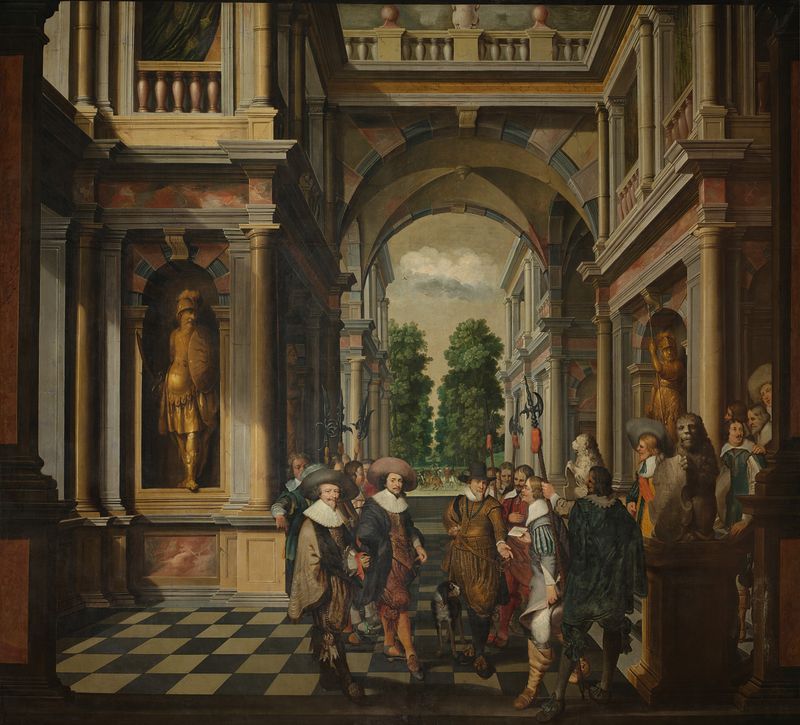 Interior scene with ornate gallery and figures, oil on canvas by Dirck van Delen