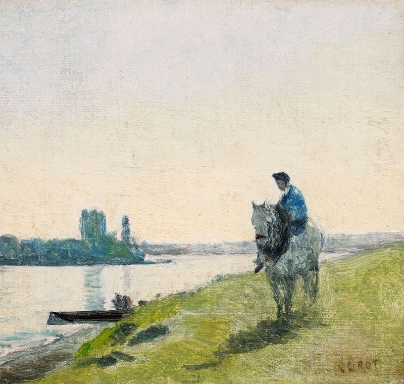 Haleur de bateau sur son cheval de Jean-Baptiste-Camille Corot, pintura a óleo que retrata um cavalo perto da água.