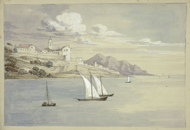 Portofino do Mar, pintura a óleo de Elizabeth Murray mostrando uma vila costeira e águas azuis.