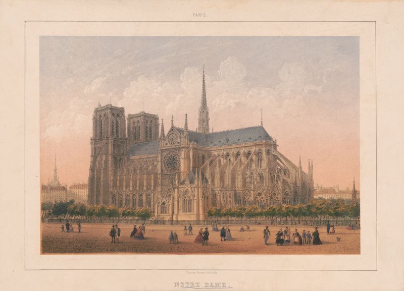 Oil on canvas by Charles Rivière depicting Notre Dame against a muted sky.