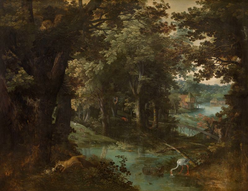 Landscape with Beast Fables de Adriaen van Stalbemt, óleo sobre lienzo que muestra vegetación vibrante y luz.