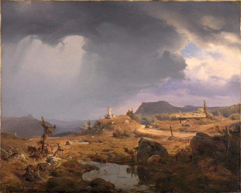 Paisaje noruego de Andreas Achenbach, óleo que representa un fiordo tranquilo y montañas.