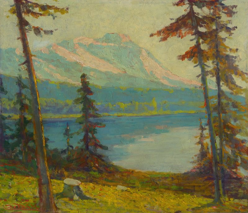 Tatra Mountain Lake de Ľudovít Čordák, pintura a óleo que retrata um lago sereno e montanhas.