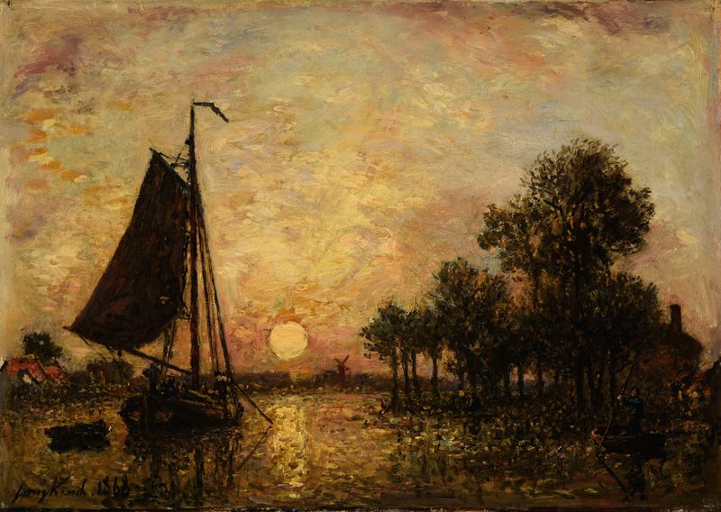 Coucher de soleil en Hollande de Johan Barthold Jongkind, pintura a óleo que retrata um pôr do sol sobre uma paisagem.