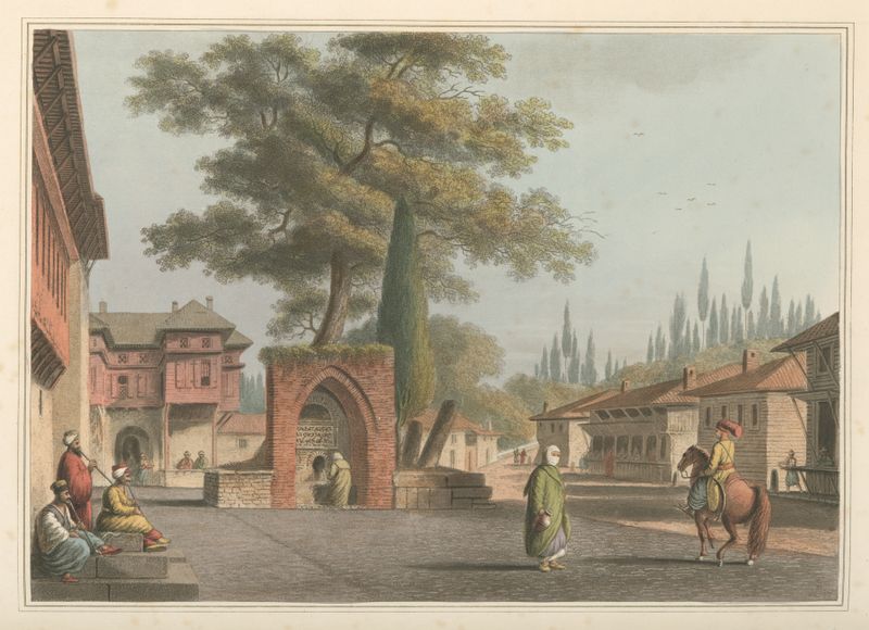 Caravansary at Kustchiuk Czemege de Luigi Mayer, aquarela sobre papel