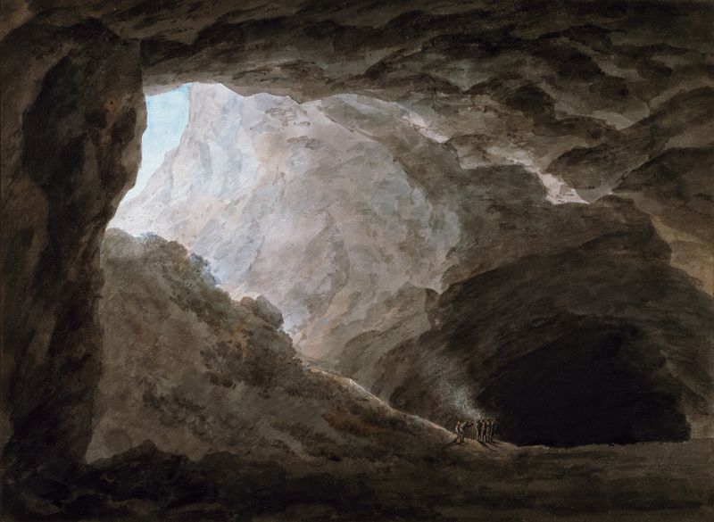 A Grotto in the Campagna, oil painting by John Robert Cozens, depicting a serene landscape with a stream.