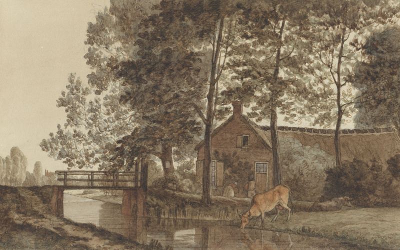 Pintura a óleo de Hendrik Abraham Klinkhamer mostrando uma vaca bebendo de um bebedouro em uma paisagem rural.