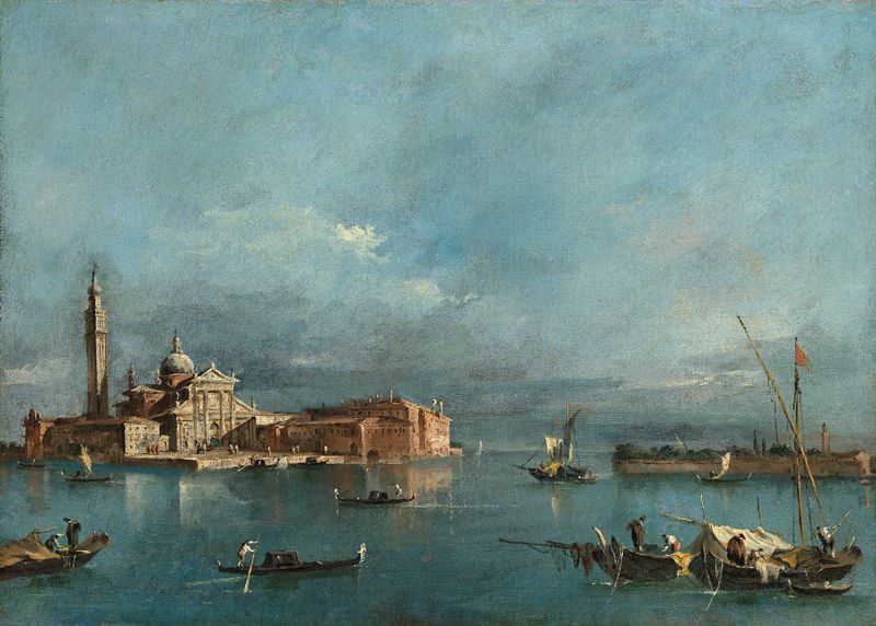 oil on canvas by Francesco Guardi depicting San Giorgio Maggiore with sunset reflections on water
