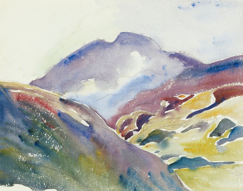 Alpine Landscape by Giovanni Giacometti, oil on canvas, depicting mountains and valleys.
