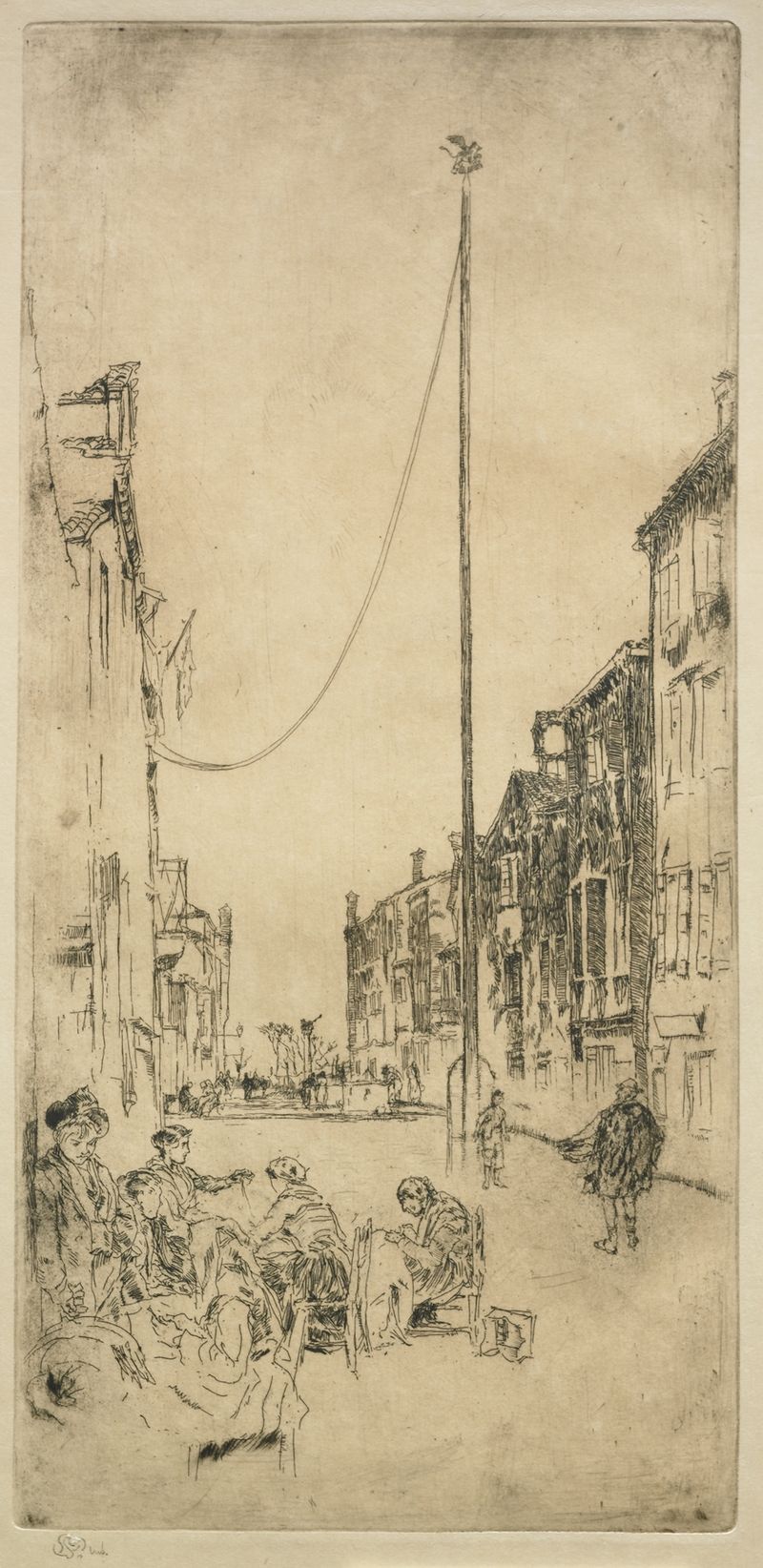 The Mast de James Abbott McNeill Whistler, óleo sobre lienzo, presenta un barco en silueta contra el océano.