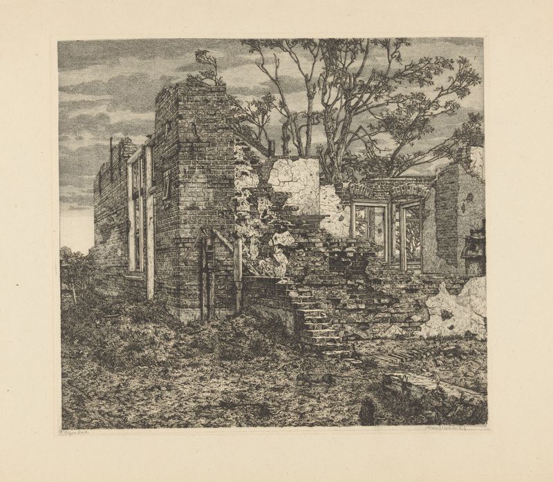 Ruïne van een huis by Arend Hendriks, oil on canvas depicting a crumbling home in a landscape.