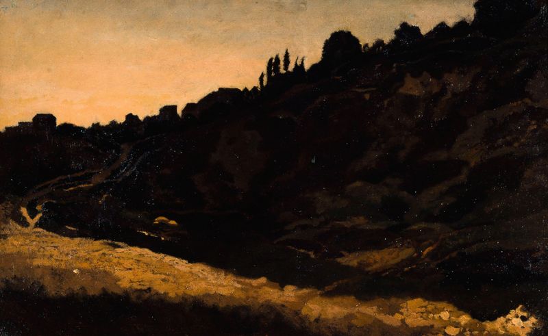 Vue de Montmartre de Eugène Lavieill, pintura al óleo que muestra un paisaje escénico con árboles y calles.