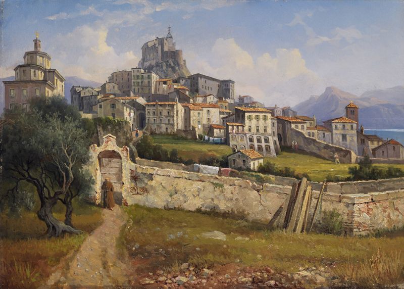 Paisaje que representa colinas y un camino, óleo de Gustaf Wilhelm Palm