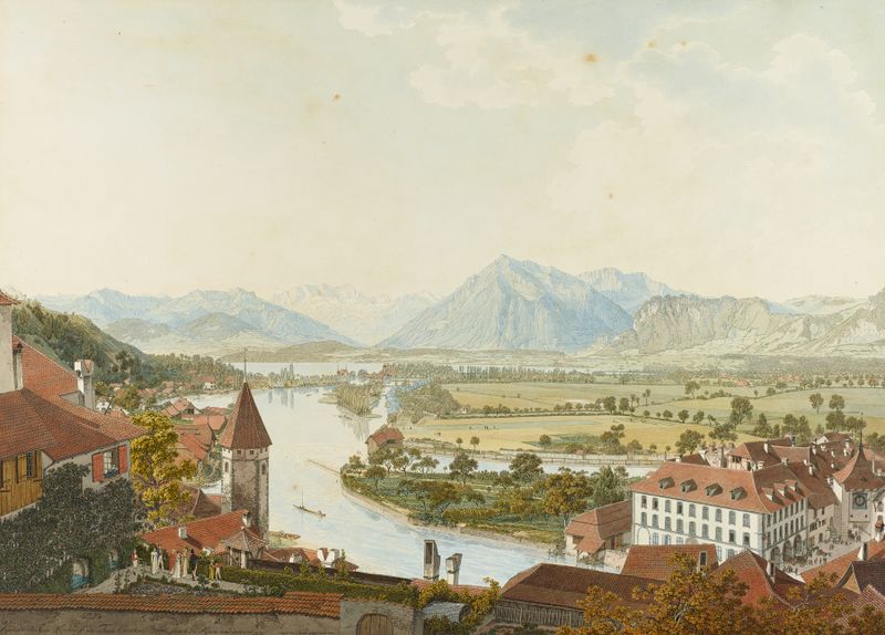 Landscape featuring the Alps and a lake by Marquard Wocher, medium unknown